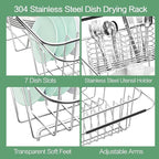 Small Dish Drainer Rack in Sink Adjustable, Expandable Stainless Steel Metal Dish Drying Rack Organizer with Stainless Steel Utensil Holder Over Inside Sink Counter, Rustproof(for 1-2 People)