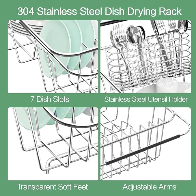 Small Dish Drainer Rack in Sink Adjustable, Expandable Stainless Steel Metal Dish Drying Rack Organizer with Stainless Steel Utensil Holder Over Inside Sink Counter, Rustproof(for 1-2 People)
