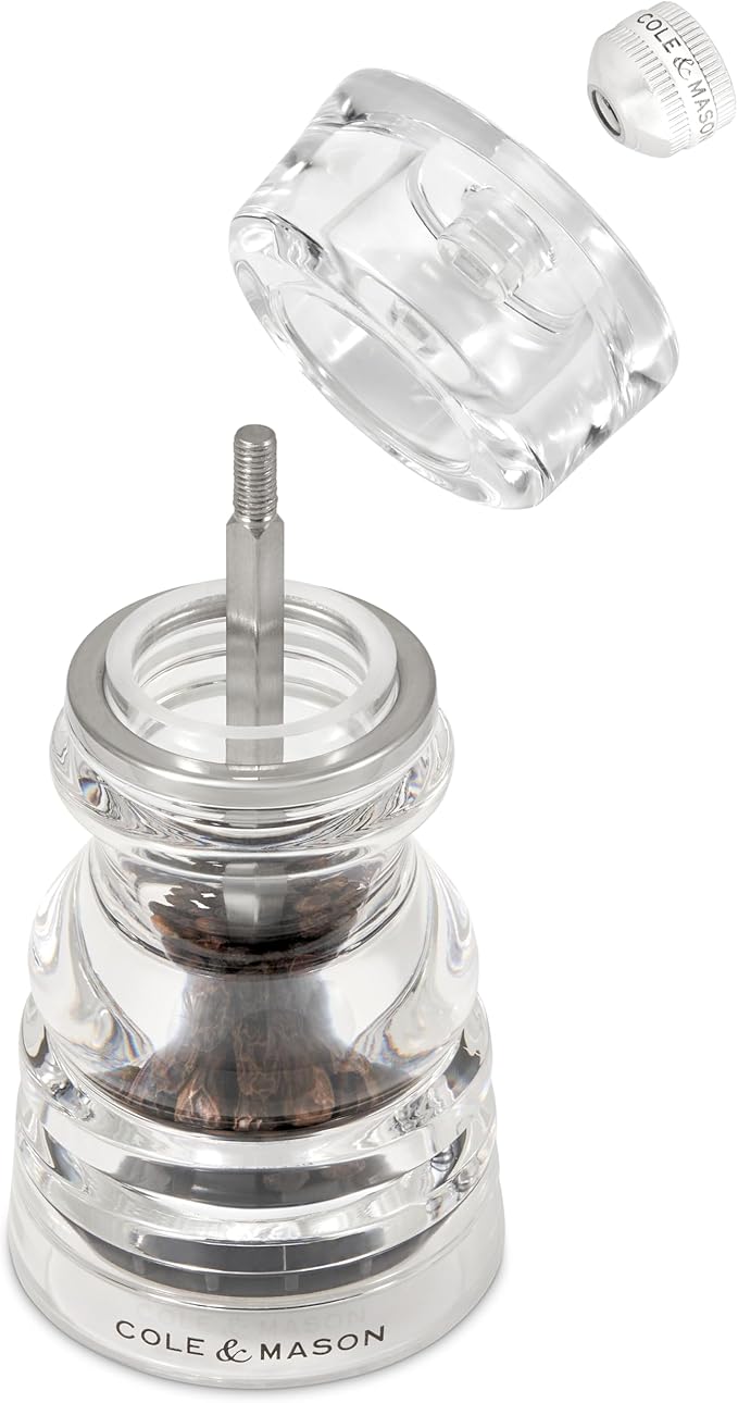 Cole & Mason London Refillable Spice Mill - Kitchen & Home Accessory - Table Black Pepper Grinder - Pepper Mill with Carbon Steel Mechanism - 5", Acrylic