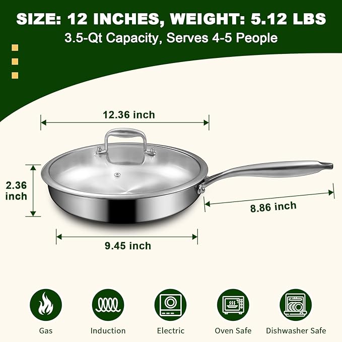 EWFEN 12 Inch Tri-Ply Stainless Steel Frying Pan, Compatible with All Cooktops Up to 600℉, Large Frying Pan with lids, Induction-Ready Skillet, Dishwasher and Oven Safe, Fast & Even Heat, Heavy Duty