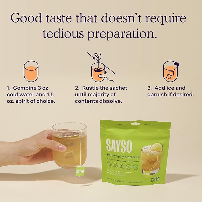 SAYSO Skinny Spicy Margarita Original Cocktail Tea Bag | Cocktail or Mocktail in Under 1 Min, Without Hot Water, <1G Sugar, 20 Calories, Non-GMO, Gluten-free, Kosher & Vegan Mixer, 8 count