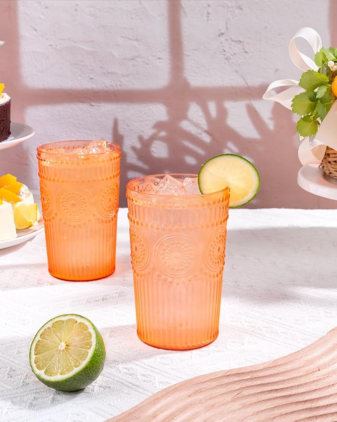 Ciaell 12 Pack Romantic Plastic Water Glasses - 14 Oz Amber Vintage Drinking Glasses, Embossed Ribbed Plastic Cups, Textured Striped Set for Juice, Beverages, Beer, Cocktai & Thanksgiving