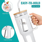 Glass Tumbler with Lid and Straw, 46 oz Iced Coffee Cup with Handle, Large Water Bottles with Silicone Sleeve, Glass Cup with Straws - Pearl Straw & Drinking Straw BPA Free-White