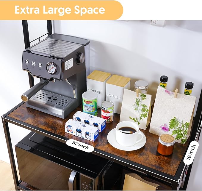 Bakers Rack for Kitchen, 33-inch Wide Coffee Bar Station with Power Outlet, 5 Tier Microwave Stand Storage Shelf with S-Shaped Hooks, Metal Frame with Brown Wood Tabletop