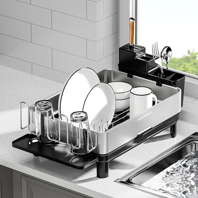 Dish Drying Rack, 304 Stainless Steel Dish Racks for Kitchen Counter, Dish Drainers with Automatic Drainage, Utensil Holder & Cups Holder, Space Saving Kitchen Organizer, Black
