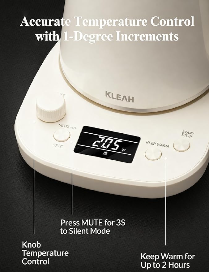 KLEAH Gooseneck Electric Kettle with Temperature Control - 0.8L Automatic Shut Off Tea & Coffee Kettle, Hot Water Boiler Pour Over Coffee Kettle, 1200W Quick Heating Keep Warm, Bone White