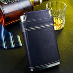 GENNISSY 8oz Hip Flask for Men - 304(18/8) Stainless Steel Bourbon Whiskey Flask, Leakproof with Navy Blue Leather Wrap - Includes Funnel & 3 Mini Cups for Dad, Gifts, Travel