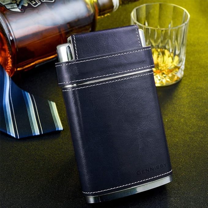 GENNISSY 8oz Hip Flask for Men - 304(18/8) Stainless Steel Bourbon Whiskey Flask, Leakproof with Navy Blue Leather Wrap - Includes Funnel & 3 Mini Cups for Dad, Gifts, Travel