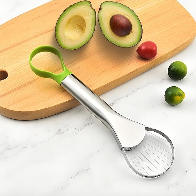 3-in-1 Avocado Slicer Tool, Emptycolor Stainless Steel Avocado Cutter, Pitter & Peeler, Multi-Function Avocado Tool for Slicing, Scooping, and Pit Removal, Kitchen Gadget with Green Plastic Handle