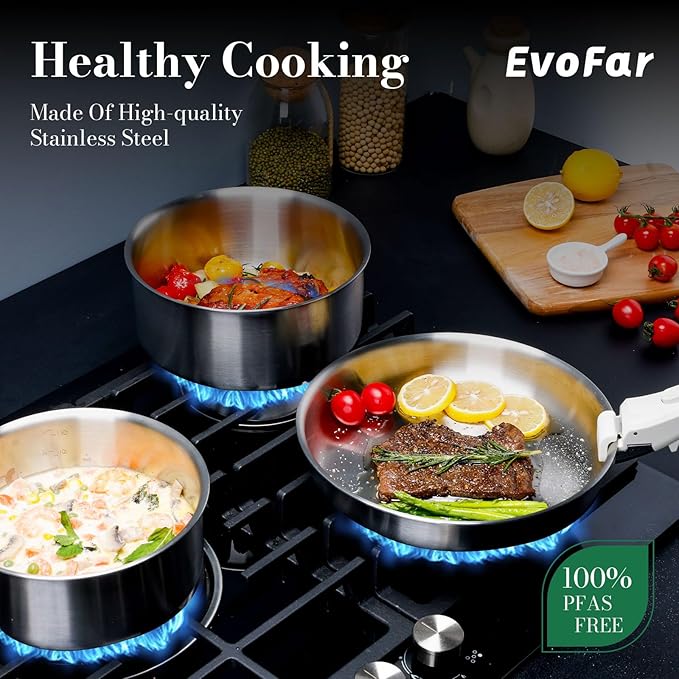 14 pcs Stainless Steel Cookware Set, Detachable Pots and Pans Set with Removable Handle, Non Toxic Space Saving RV Camping Cookware Set, Induction Cookware, Dishwasher & Oven Safe