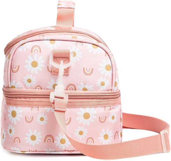 Insulated Kids Dual Compartment Lunch Bags Tote for Girls Boys Toddler Lunch Boxes Pre-School Toddler Kindergarten Elementary Picnic Food Cooler Thermal with Strap (Rainbow Daisies)