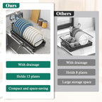 Small Sink Dish Drying Rack with Drainboard, Compact Dish Drainer for Kitchen Countertop, Rustproof Plate Organizer with Utensil Holder, Black