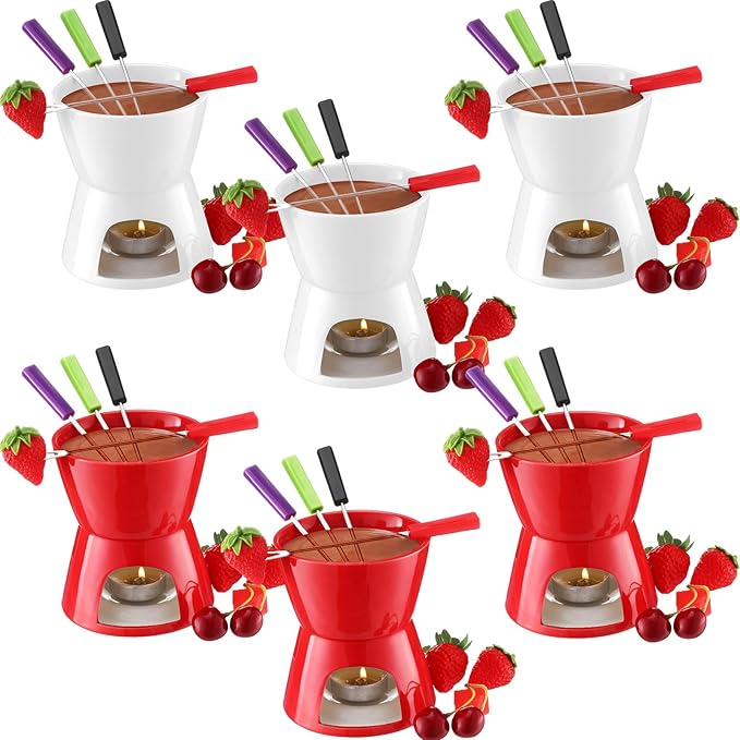 Mudder 6 Pieces Fondue Mug Ceramic Pot and 24 Pieces Forks Set for Melting Chocolate, Cheese, Broth or Tapas on Christmas Gift Valentine's Day(Red and White)