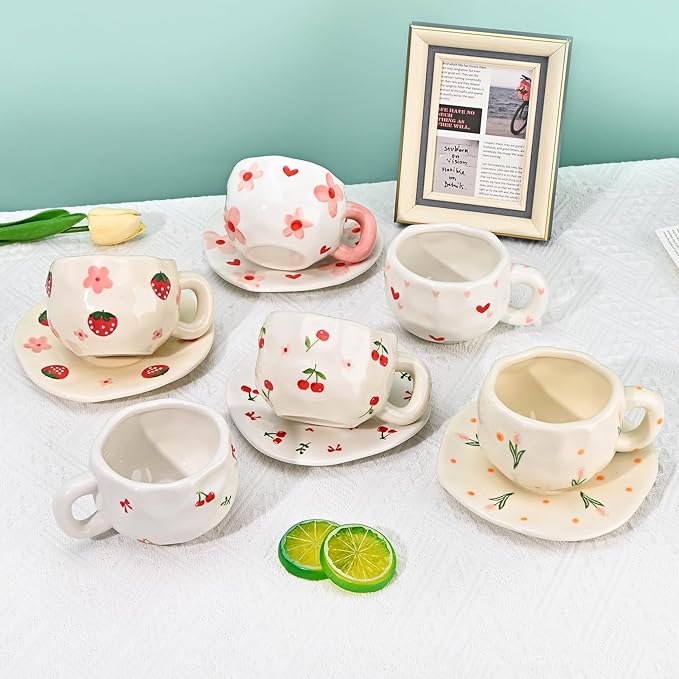 Koythin Ceramic Coffee Mug with Saucer Set, Cute Strawberry Flower Cup Unique Irregular Design for Office and Home, 10 oz/300 ml for Latte Tea Milk