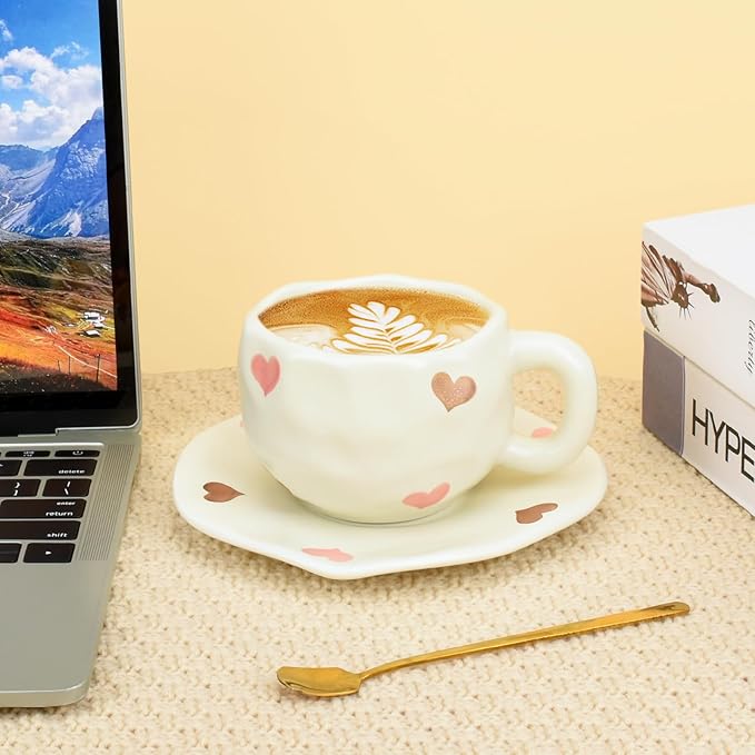 Koythin Ceramic Coffee Mug with Saucer Set, Cute Love Cup Unique for Office and Home, 10 oz/300 ml for Latte Tea Milk