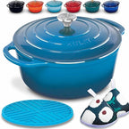 Zulay Kitchen 5 Quart Enameled Cast Iron Dutch Oven with Lid,Silicone Trivet & Heat Pad – Premium Durability & Oven Safe up to 500°F – Heavy Duty Cookware Perfect for Bread Baking, Stews, Braising & Roasting – Light Blue