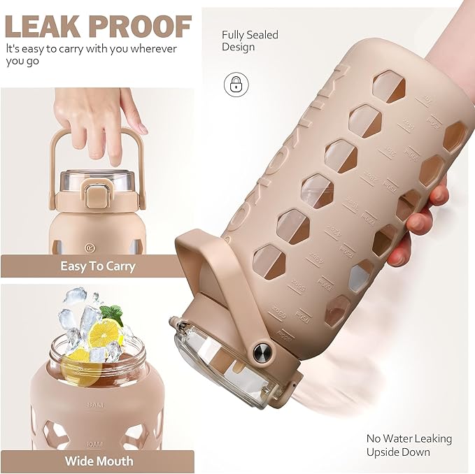 MUKOKO Half Gallon/64 oz Glass Water Bottles with Straw and Lid,Motivational Water Jug with Time Marker Reminder and Silicone Sleeve,100% Leakproof BPA Free Fitness Sports Large Bottle-Amber