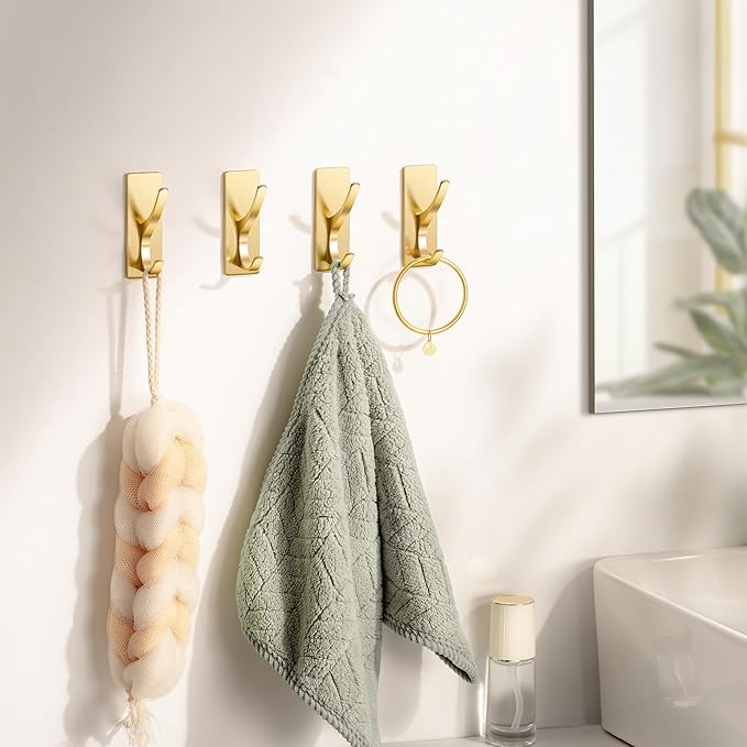 Self Adhesive Coat Hooks for Hanging, Heavy Duty Stainless Double Wall Hook for Towel, Backpack, Hat, Sturdy Metal Hanger for Bathroom, Bedroom, Door, Wall Mounted, 6-Pack, Brushed Gold
