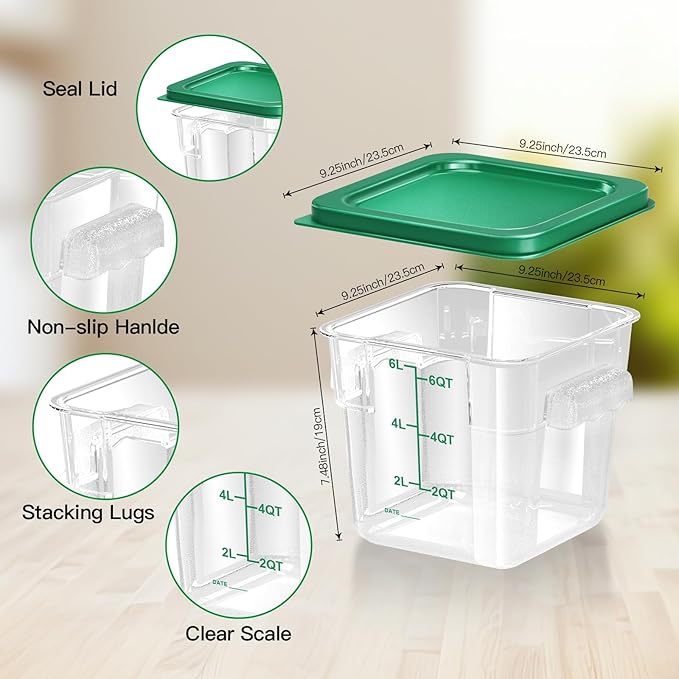 4 pcs 6qt Food Storage Containers with Lid, Square Clear Commercial Storage Containers with Handle and Scale for Food Storage in Home Kitchen & Dining (Green)