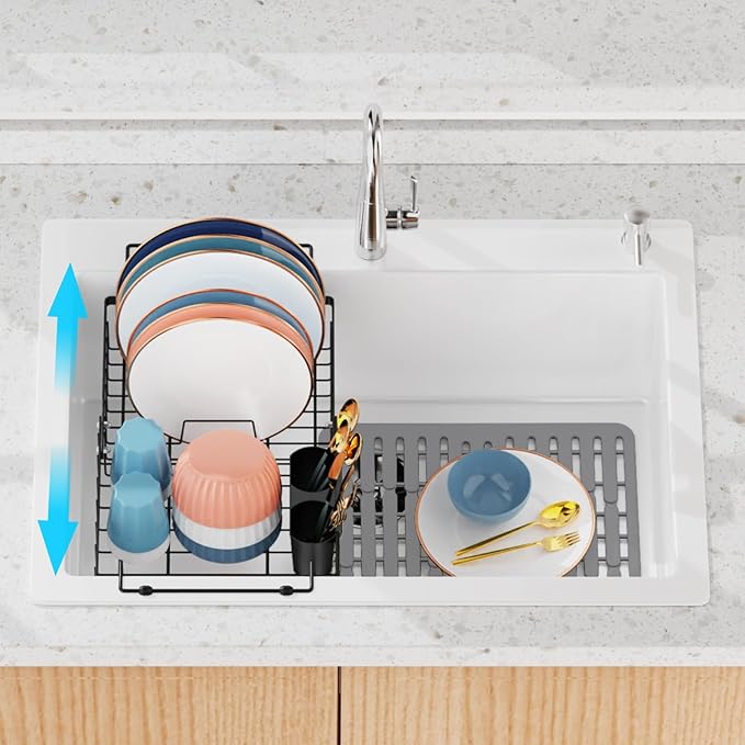 iSPECLE in Sink Dish Drying Rack with Silicone Sink Protector - Expandable Capacity Dish Drainer with Utensil Holder, 12.4"-17.1" L x 12.8" W, Black