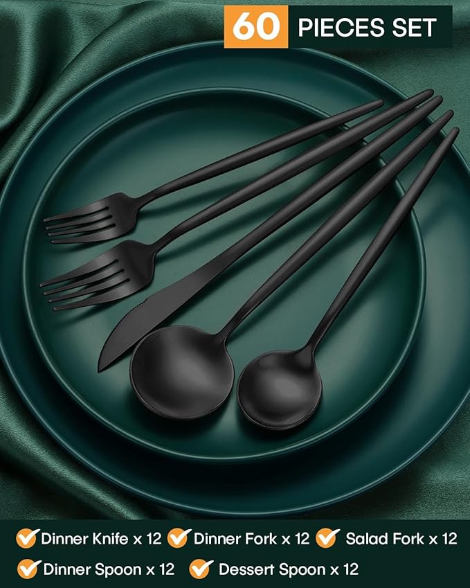 EUIRIO 60-Piece Silverware Set for 12, Stainless Steel Flatware Set Matte Black Grey, Modern Brushed Thick Cutlery Set with Spoons Forks and Knives, Utensil Set for Home Kitchen Hotel, Dishwasher Safe