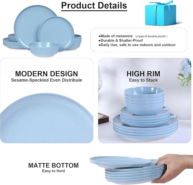 Webbylee 12-Piece Melamine Dinnerware Set - Unbreakable Plates & Bowls Set for 4, BPA-Free Lightweight Kitchen Dishes Idear for Camping, Picnic, Party,Blue & Beige