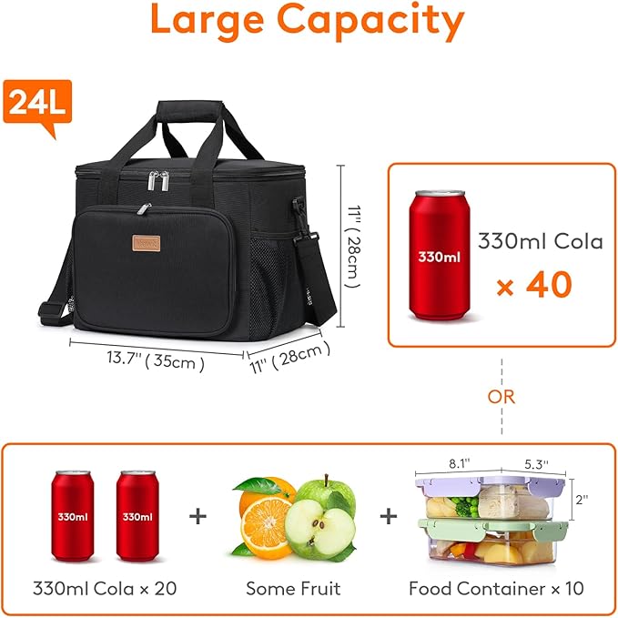 Lifewit Large Lunch Bag Insulated Lunch Box Soft Cooler Cooling Tote for Adult Men Women, Black 40-Can (24L)