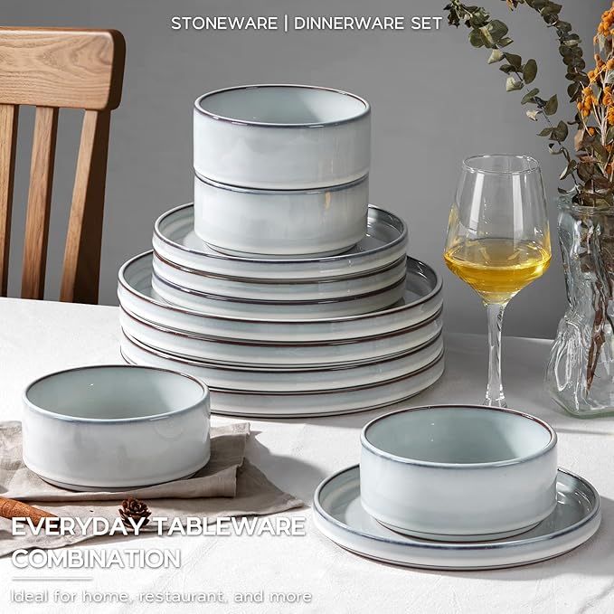Stoneware Dinnerware Sets, Onader 12 Piece Plates and Bowls Dish Sets for 4, Ceramic Dishware Dining Ware with Rustic Terracotta Bottom - Glacier White