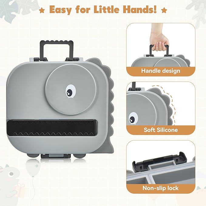 Bento Lunch Box with Thermo, 4-Compartment Bento Box with Adjustable Dividers, Leakproof Dinosaur Lunch Box with 14.2OZ Insulated Food Jar & Sauce Jar, for School Office Travel(Grey)