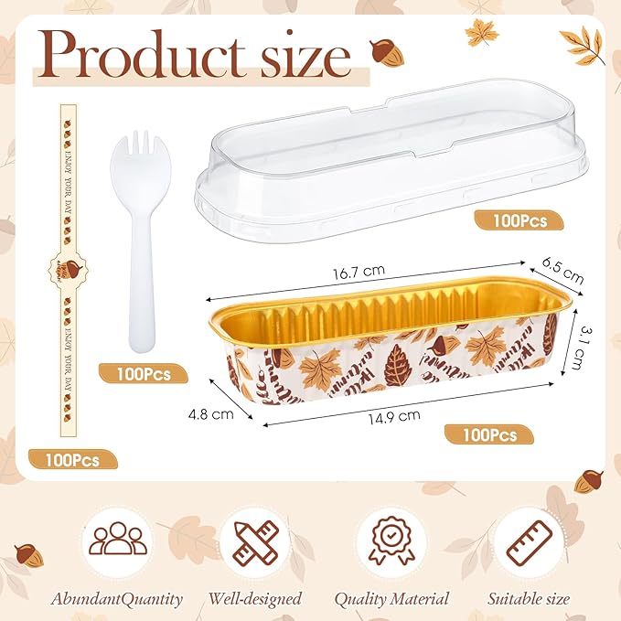 Tioncy 50 Pcs Autumn Themed Mini Pink Loaf Pans with Lids Spoons Sticker Acorn 6.8oz Disposable Rectangle Aluminum Foil Baking Pans Muffin Cupcake Cups for Picnics Fall Birthday Party Supply