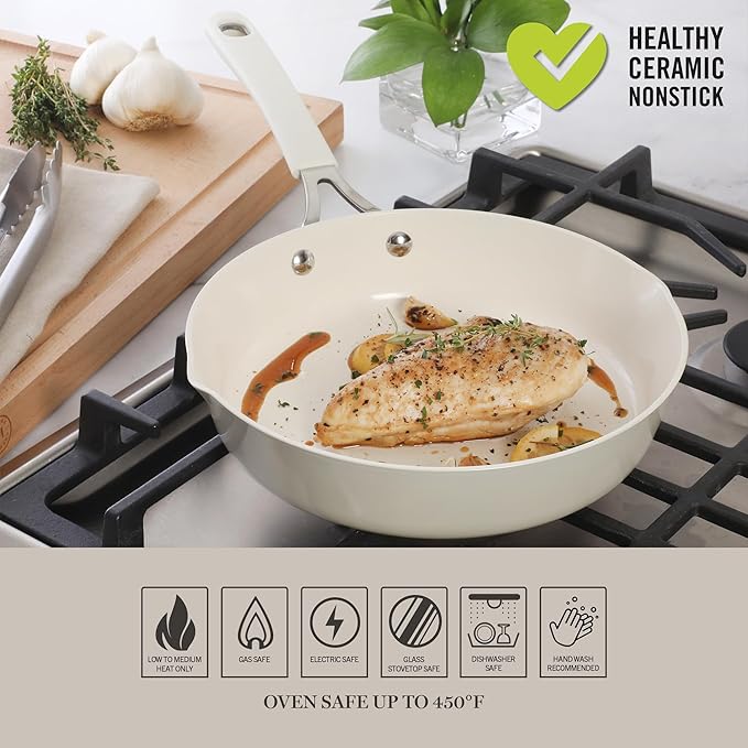 Martha Stewart Heathland 9.5 Inch Aluminum Cookware Non-Toxic Premium Ceramic Non Stick Frying Pan, Kitchen Egg Pan, Omelet, Pots and Pans, Linen White, Induction Safe