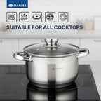 Daniks Standard Stainless Steel Stock Pot with Glass Lid – Induction 4 Quart, Dishwasher Safe, Measuring Scale, For Soup, Pasta, Stew, Silver