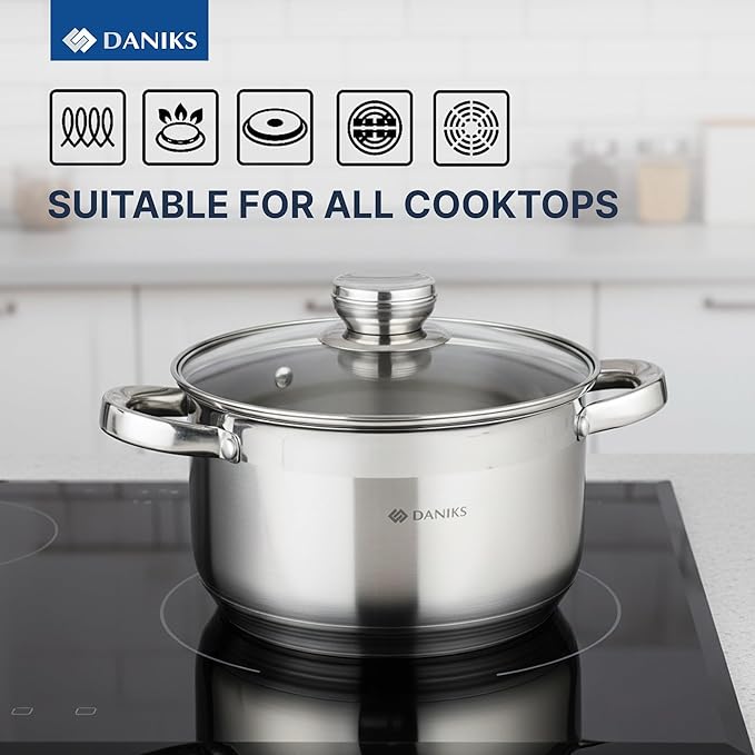 Daniks Standard Stainless Steel Stock Pot with Glass Lid – Induction 4 Quart, Dishwasher Safe, Measuring Scale, For Soup, Pasta, Stew, Silver