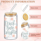 6 Pcs Teacher Gifts for Women Bulk 16 oz Christmas Teacher Appreciation Glass Cups with Bamboo Lid and Glass Straw Can Shaped Drinking Cups for Party Favor Supplies