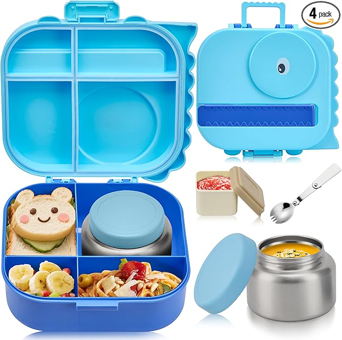 Bento Lunch Box with Thermo, 4-Compartment Bento Box with Adjustable Dividers, Leakproof Dinosaur Lunch Box with 14.2OZ Insulated Food Jar & Sauce Jar, for School Office Travel (Blue)