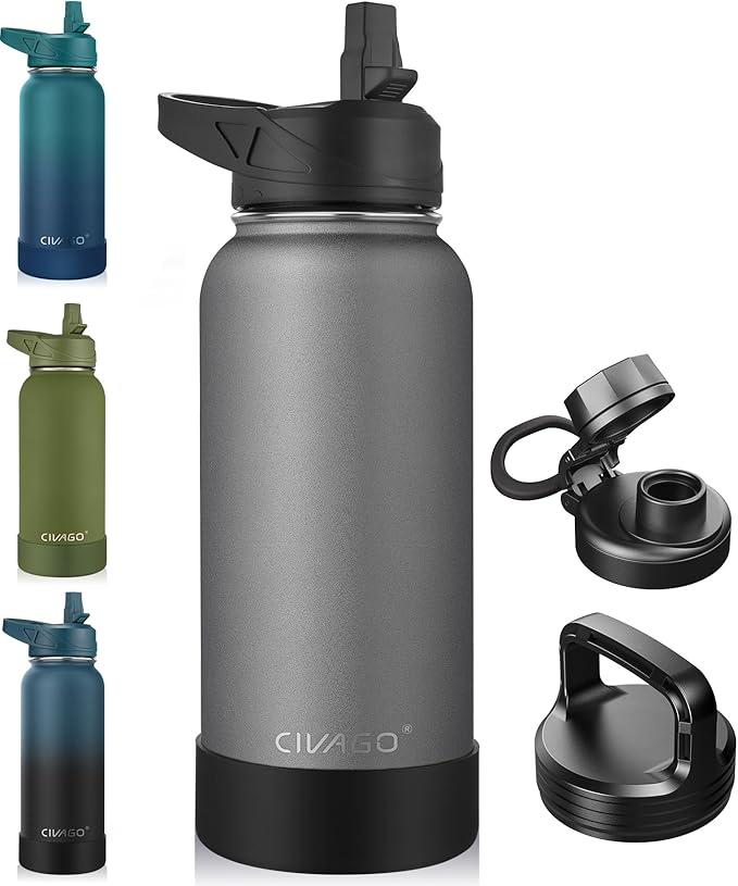 CIVAGO 32 oz Insulated Water Bottle With Straw, Stainless Steel Sports Water Cup Flask with 3 Lids (Straw, Spout and Handle Lid), Wide Mouth Travel Thermal Mug, Cool Gray