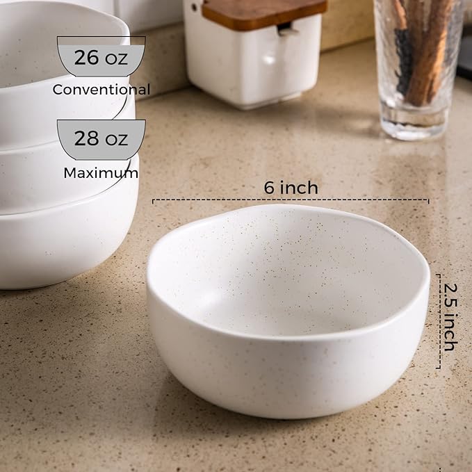 AmorArc Speckled Cereal Bowls Set of 4 for Kitchen, 28oz Large Ceramic Soup Bowls for Cereal Soup Noodle Snacks, Oven,Dishwasher&Microwave Safe Stoneware Bowls with Wavy Rim, Speckled-White
