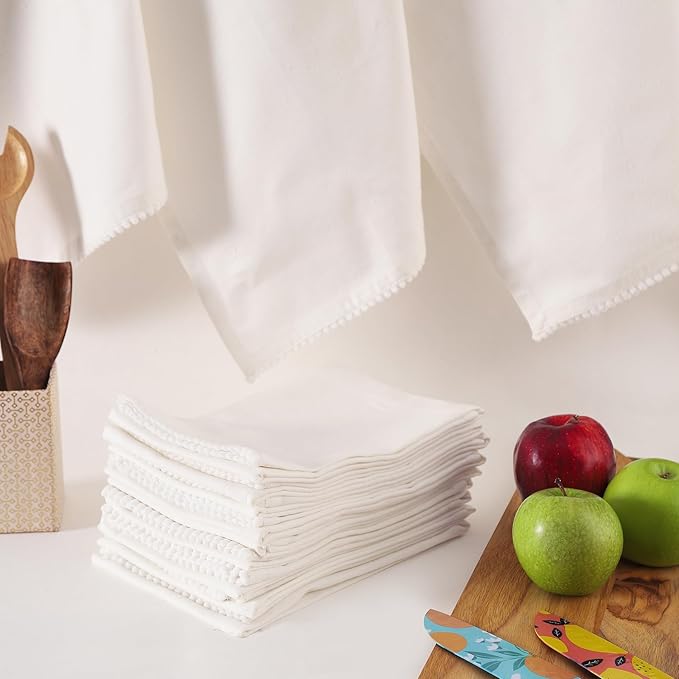 Kitchen Towels 100% Cotton Solid Kitchen Dish Cloths, Valentine Decor Hand Towel Reusuable Dish Towel for Cleaning & Drying Tea Towels Set with Hanging Loop - 18"x 28", Pack of 6 - White