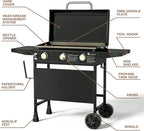 KingChii 28" 3-Burner Griddle with Integrated Protective Hood and Counter Height Side Shelves, Powder Coated Steel, Black