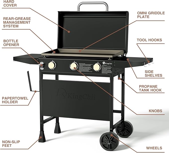 KingChii 28" 3-Burner Griddle with Integrated Protective Hood and Counter Height Side Shelves, Powder Coated Steel, Black