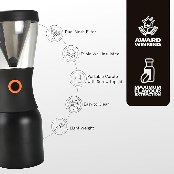 asobu Cold Brew Coffee Maker, Award-Winning 40oz Insulated Cold Brew Brewer with Portable Stainless Steel Carafe – No.1 Europe Coffee Fest Winner, Leakproof, BPA-Free, Keeps Cold 24H