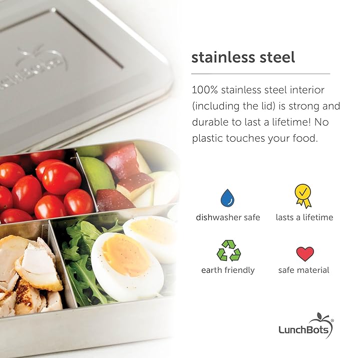 LunchBots Small Snack Packer Bento Box - Extra Small Divided Stainless Steel Snack Container - 2 Compartments for Fruits, Vegetables and Finger Foods - Dishwasher Safe – Stainless Lid