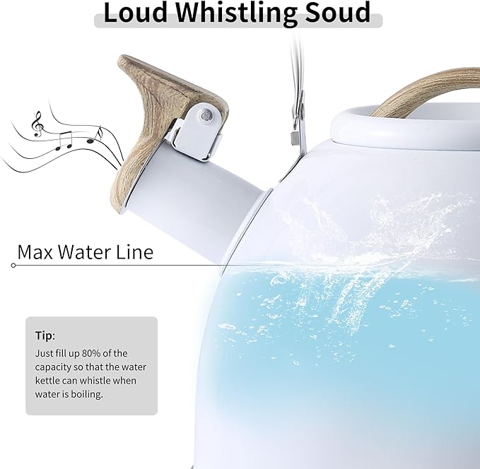 LONFFERY Tea Kettle for Stove Top, 3.2 Quart Whistling Tea Kettle, Food Grade Stainless Steel and Wood Pattern Folding Handle, White