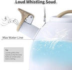 LONFFERY Tea Kettle for Stove Top, 3.2 Quart Whistling Tea Kettle, Food Grade Stainless Steel and Wood Pattern Folding Handle, White