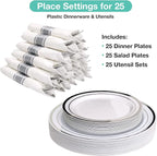 Pre Wrapped Cutlery Set- 25 sets of Fork, Knife, Spoon wrapped in a napkin - 25 Small Plates- 25 Big Plates (Silver)