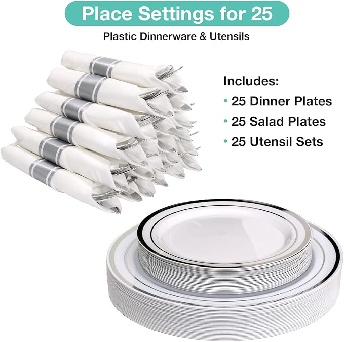 Pre Wrapped Cutlery Set- 25 sets of Fork, Knife, Spoon wrapped in a napkin - 25 Small Plates- 25 Big Plates (Silver)