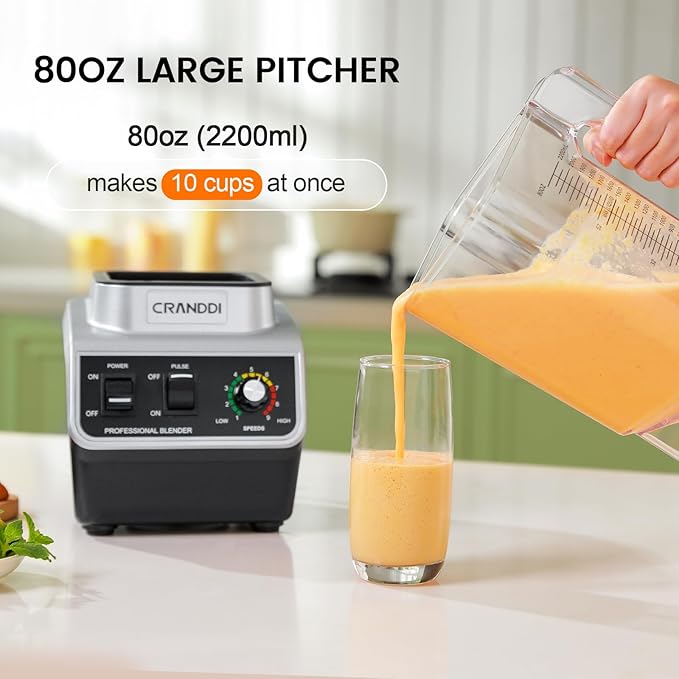 CRANDDI Professional Commercial Blender, Max 1500W, 80oz Pitcher, Powerful Blender with Tamper for Smoothie, Ice Crushing, Variable 9 Speeds Control, K96, Black
