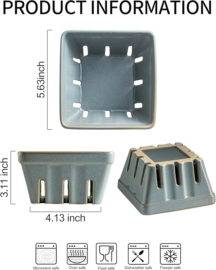 Gomakren Fruit Bowl with Holes, Ceramic Berry Basket Set of 2, 5.7 Inch Square Fruit Basket for Kitchen, Berry Containers for Table, Modern Kitchen Decor, Slate Blue