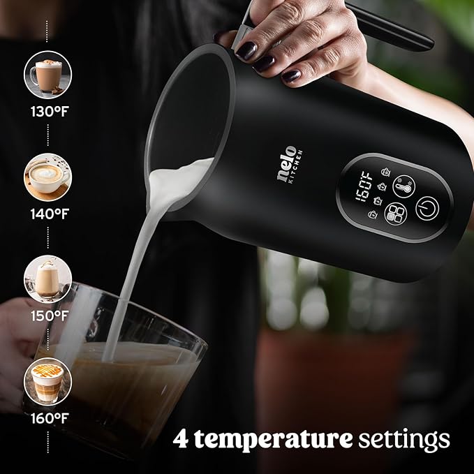 NELO Electric Milk Frother, 4 In 1 Digital Milk Frother and Steamer with Real-Time Temperature Control, Automatic Frother for Coffee, Latte, Hot Chocolate, Cappuccinos, BPA Free Stainless Steel, Black