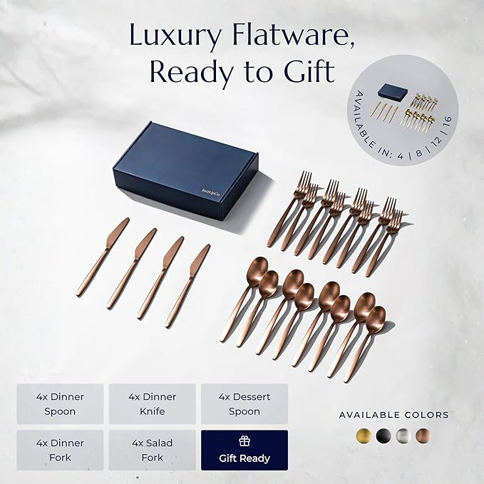 JazzUpCo Tia Flatware non toxic 18/10 stainless steel dishwasher safe (Matte Rose Gold, 12 Person Set (60 Pieces))